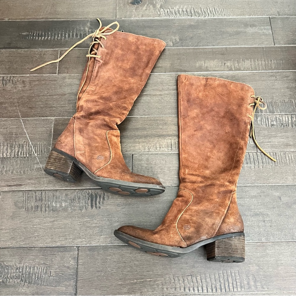 BORN Felicia Distressed Suede Leather Tall Boots 9.5 Lace Up Western Rust Womens - Picture 2 of 6